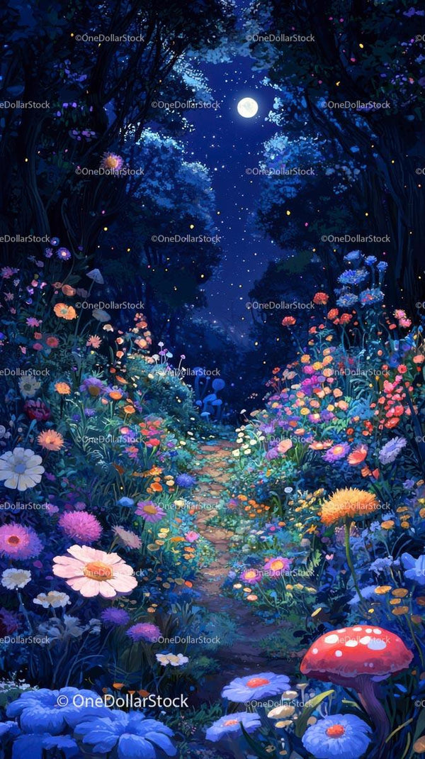 Magical Night Forest with Glowing Mushrooms and Bright Moon
