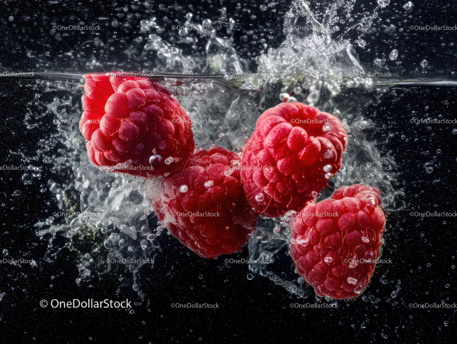 Fresh Raspberries Splashing in Water with Vibrant Red Color