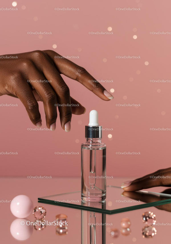 Elegant Hand Applying Skincare Serum with Glass Dropper Bottle JPG Mockup Image
