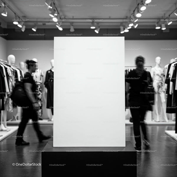 Blank display board in modern clothing store interior JPG Mockup Image