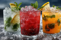 Vibrant Summer Cocktails with Fruit Garnishes in Ice-filled Glasses