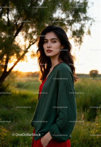 Thoughtful woman standing in natural sunset light