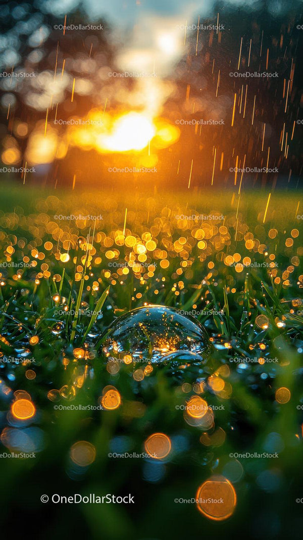 Zbliżenie kropli wody na trawie z migoczącym bokeh podczas deszczu