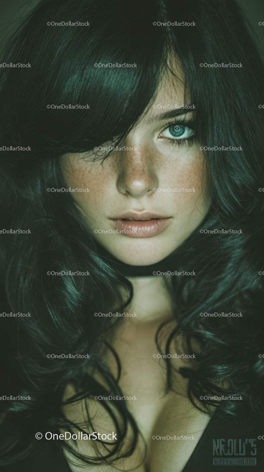 Portrait of a Woman with Piercing Blue Eye and Dark Curly Hair
