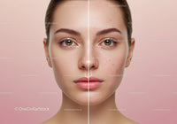Close Up of Beautiful Woman Face Showing Acne Before and After Skin Care