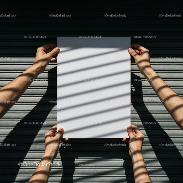 Hands Holding Blank White Paper with Shadow Patterns JPG Mockup Image