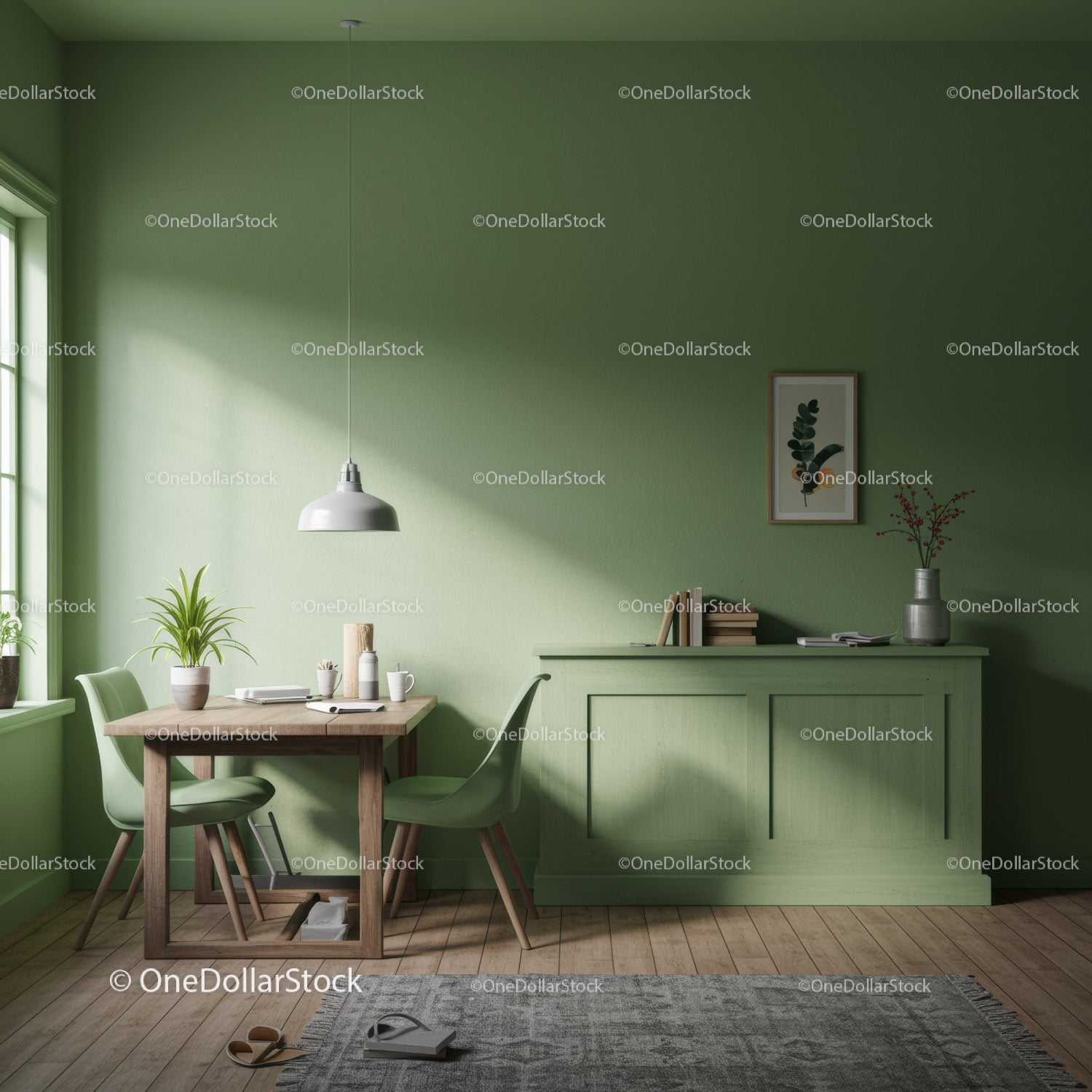 Modern Green Interior with Wooden Furniture and Potted Plants