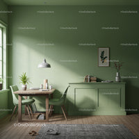 Modern Green Interior with Wooden Furniture and Potted Plants