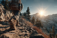 Mountain Hiker Traversing Rocky Trail at Sunrise During Outdoor Adventure