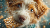 Cute Brown and White Puppy with Biscuit in Close-Up