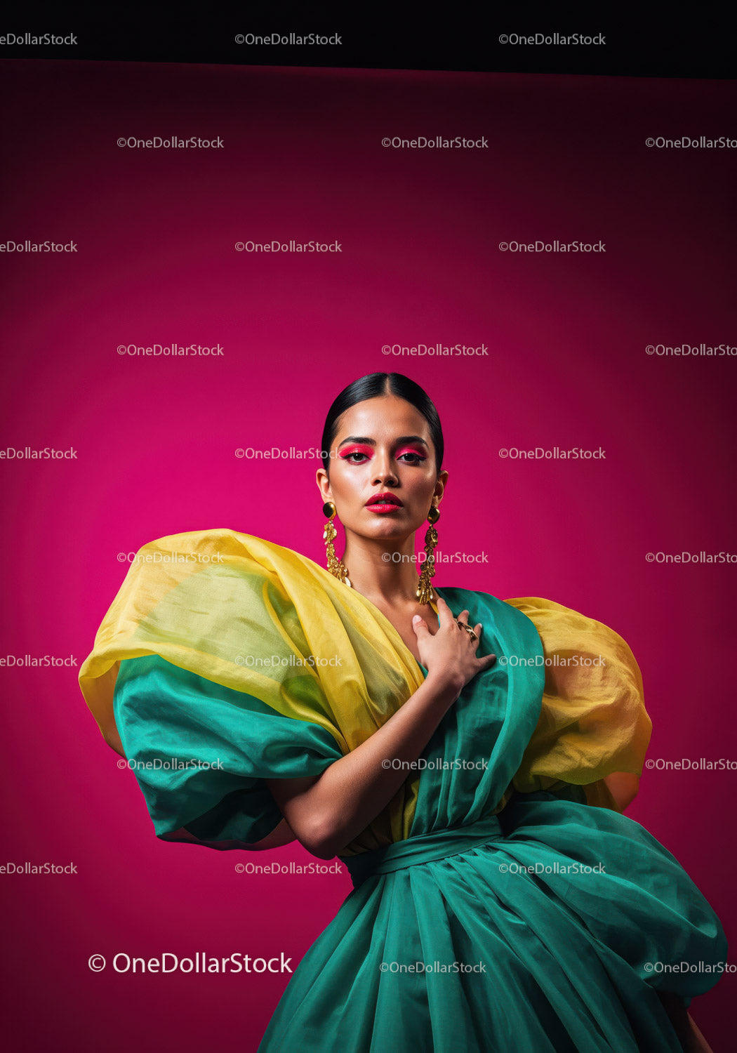 Fashion Model in Vibrant Pink and Yellow Flowing Gown