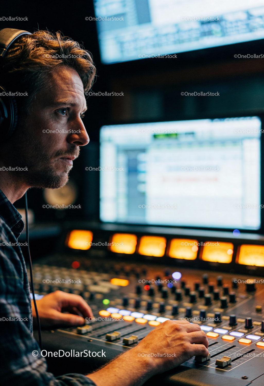 Focused sound engineer mixing audio in a dim studio