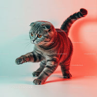 Playful Grey Tabby Cat in a Dynamic Pose with Striped Fur