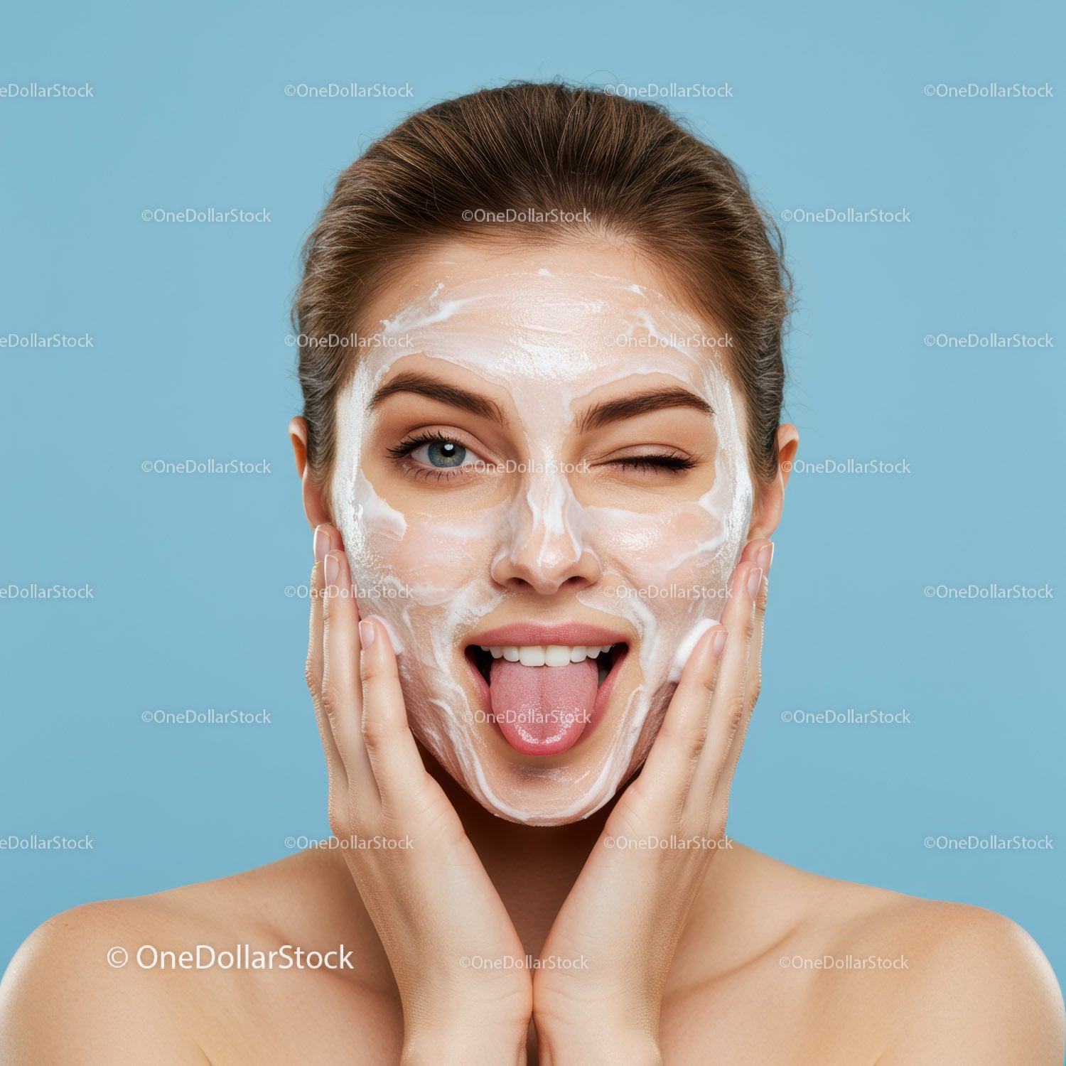 Young Woman Applying Facial Cream with Skincare Mask on Blue Background