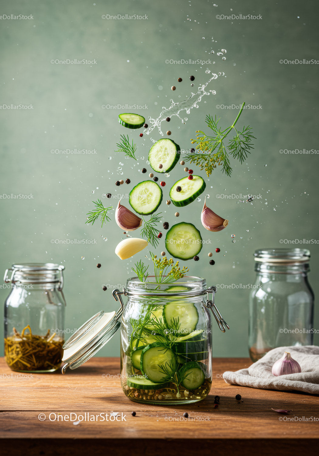 Fresh cucumber slices and herbs preparing for pickling