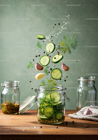 Fresh cucumber slices and herbs preparing for pickling