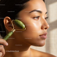 Close Up of Woman Using Jade Roller for Facial Skincare