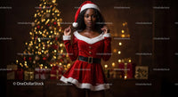 Woman in Festive Santa Dress by Christmas Tree Lights