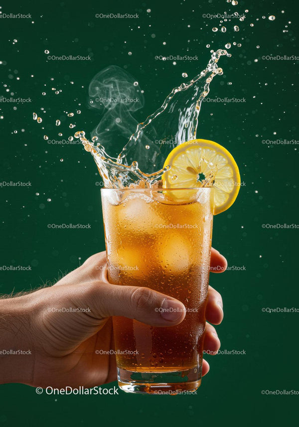 Refreshing iced tea with lemon slice splash