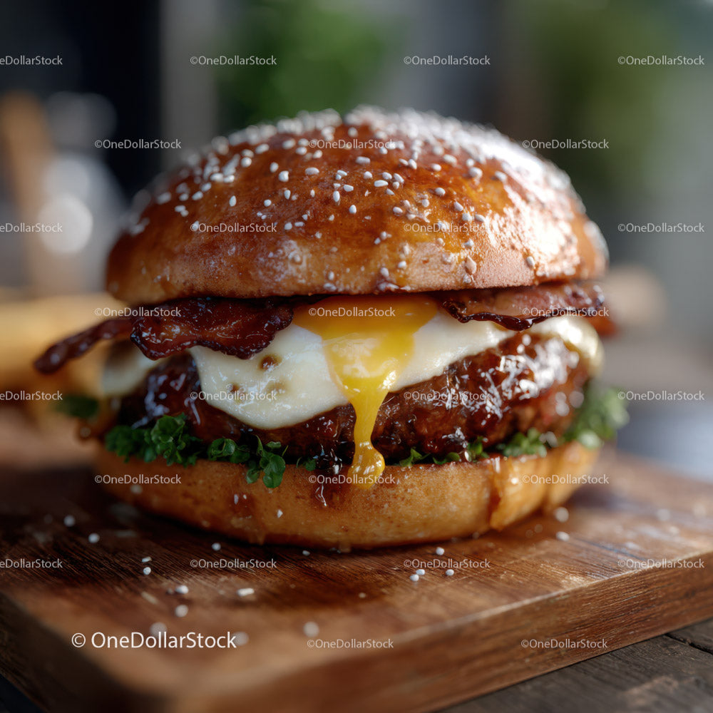 Gourmet Cheeseburger with Bacon and Egg on Sesame Bun