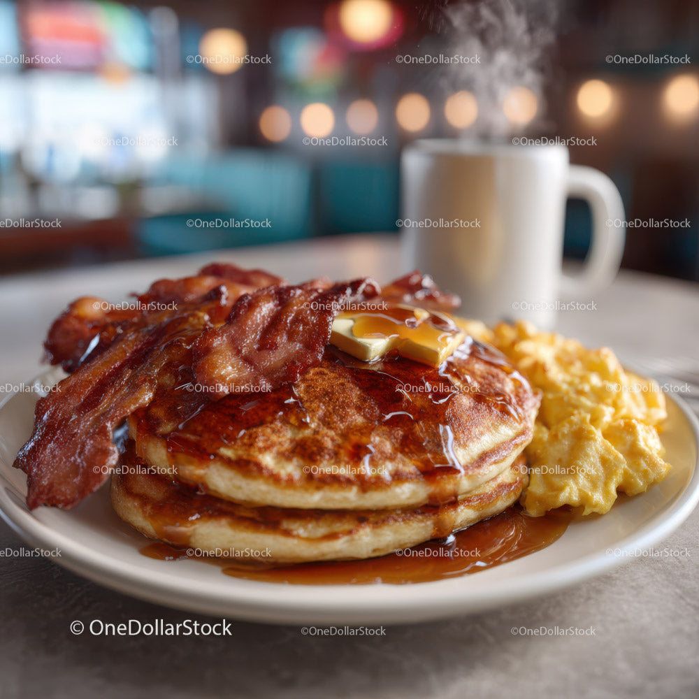 Stack of Fluffy Pancakes with Bacon and Syrup in Cozy Breakfast Setting