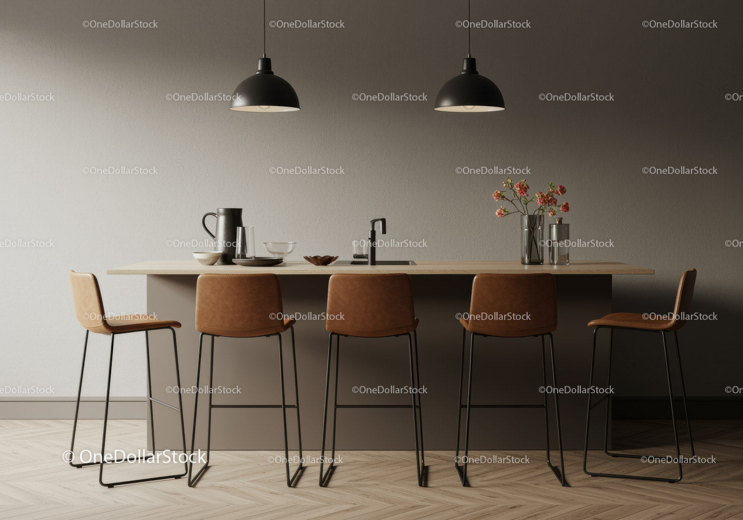 Modern Kitchen with Wooden Bar Counter and Stylish Pendant Lights