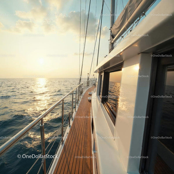 Luxury Yacht Sailing on Calm Ocean at Sunset