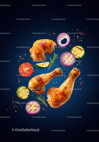 Grilled chicken drumsticks with fresh vegetables and herbs