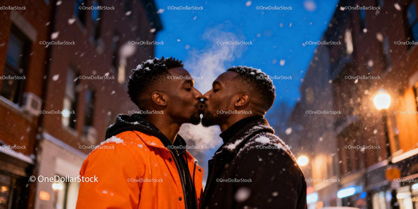 Couple Sharing a Kiss on a Snowy Urban Evening