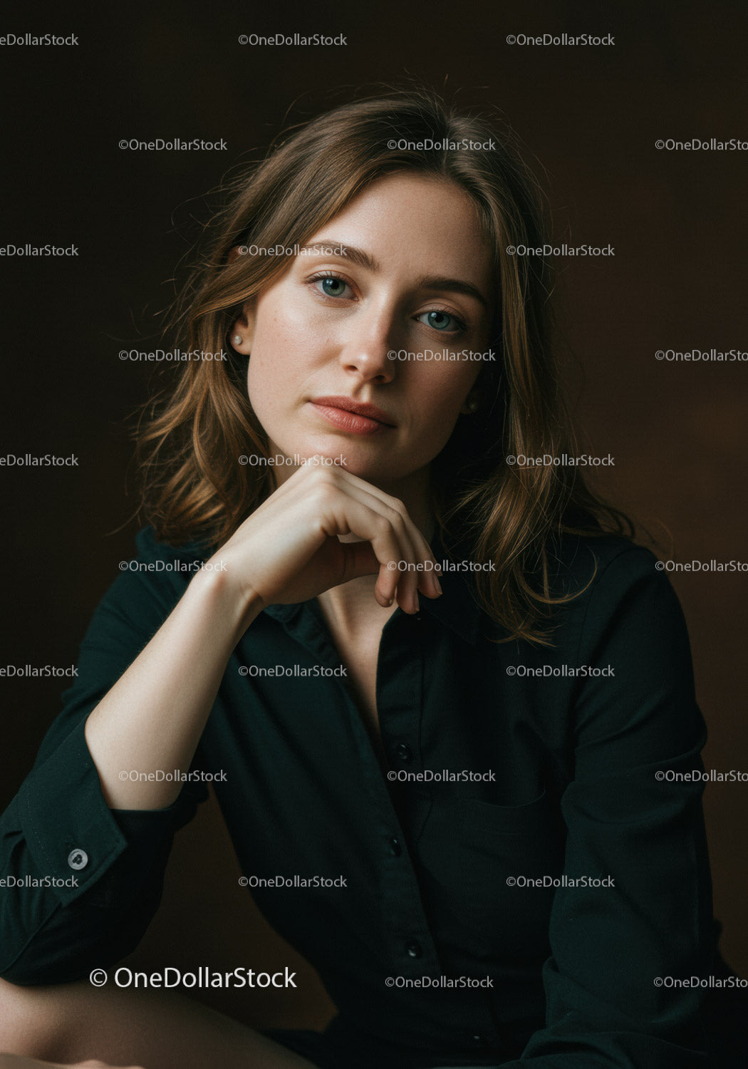 Portret młodej kobiety z pewnym siebie wyrazem twarzy w czarnej koszuli
