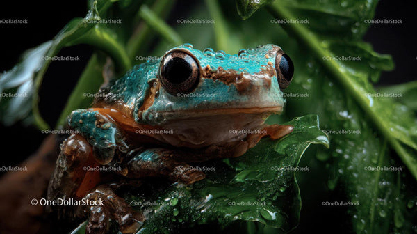Vivid Rainforest Frog with Bright Blue and Brown Skin among Green Foliage