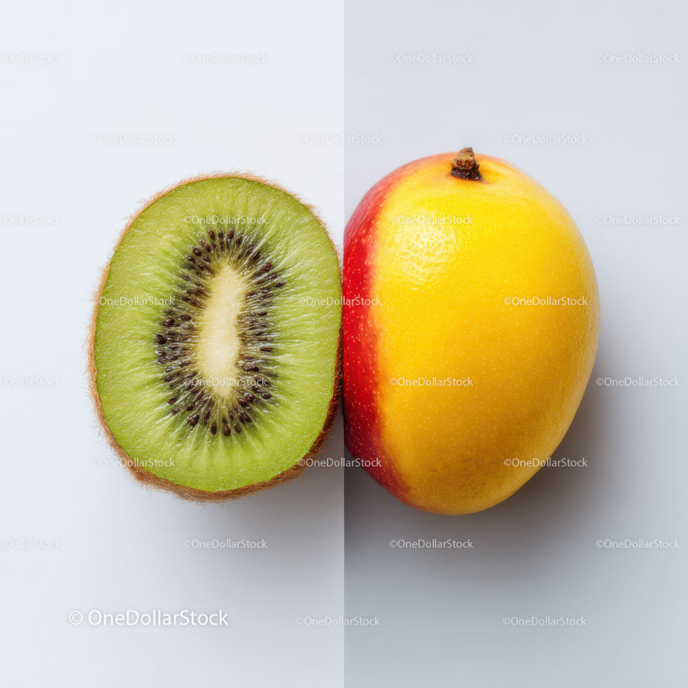 Fresh Kiwi and Yellow Apple on White Surface for Healthy Nutrition