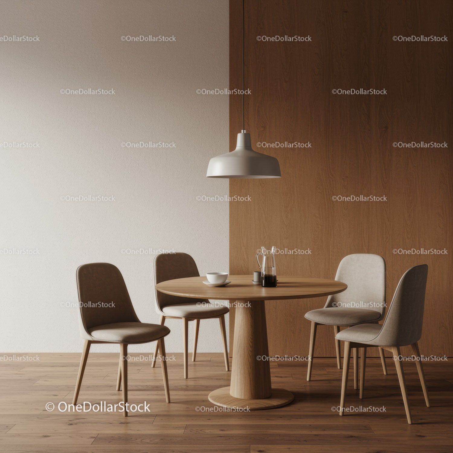 Modern Dining Room with Wooden Round Table and Four Chairs