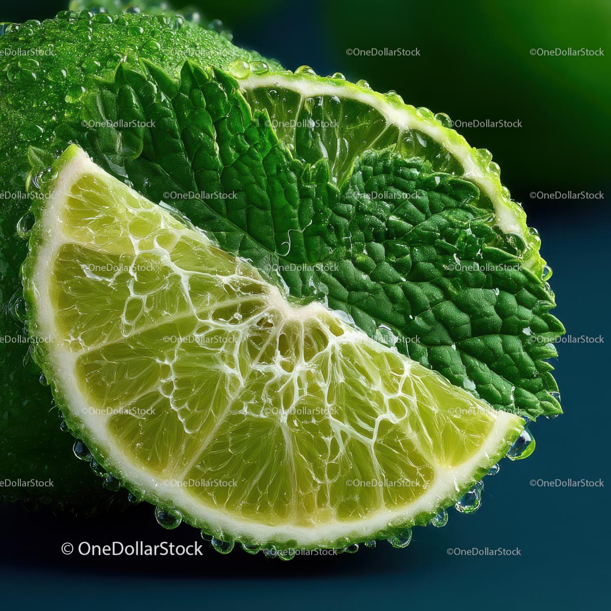 Close-Up of Fresh Lime with Mint Leaf and Water Droplets
