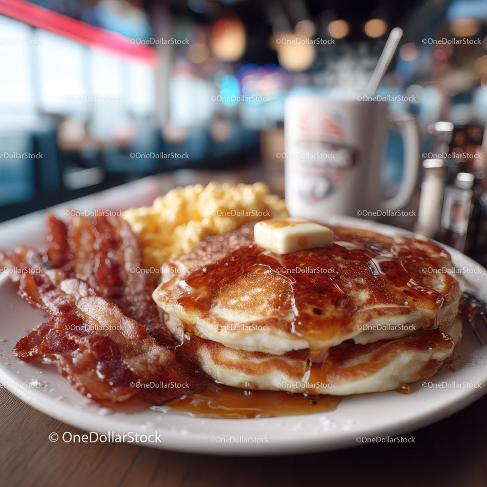 Stack of Fluffy Pancakes with Bacon and Syrup in Cozy Breakfast Setting