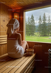 Woman in Towel Relaxing in Sauna with Scenic Forest View