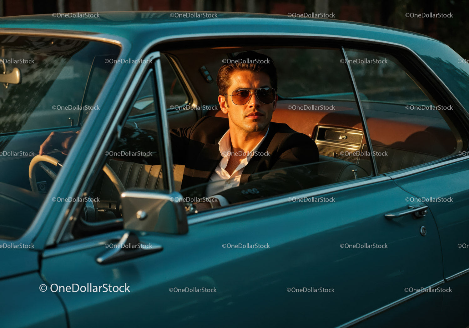 Stylish Man Driving Vintage Car with Leather Interior and Sunset Light