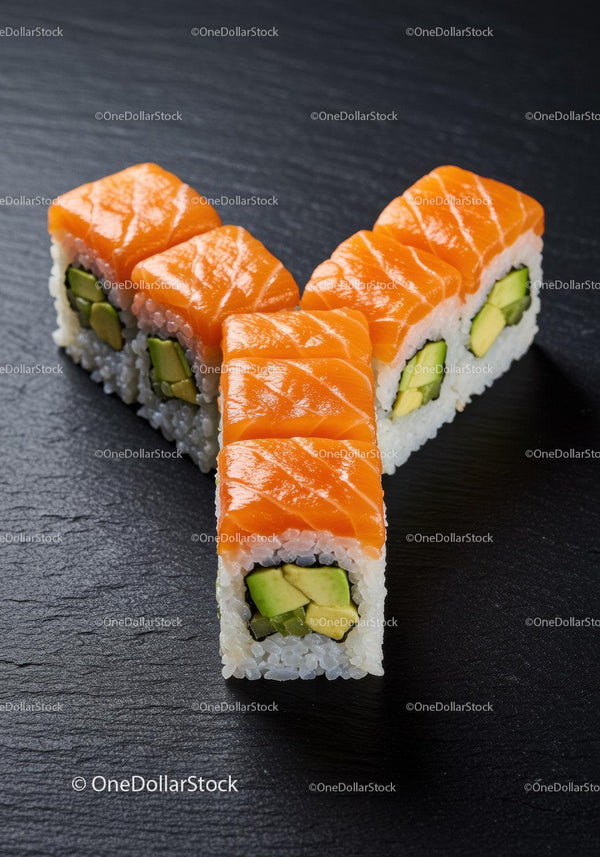 Fresh salmon avocado sushi rolls on black slate