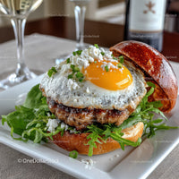 Delicious Burger with Fried Egg and Fresh Greens on Toasted Bun