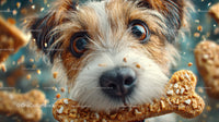 Cute Puppy with Big Brown Eyes and Biscuit Bone in Playful Scene