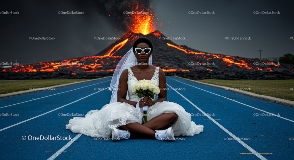 Bride in Wedding Dress Amidst Erupting Volcano