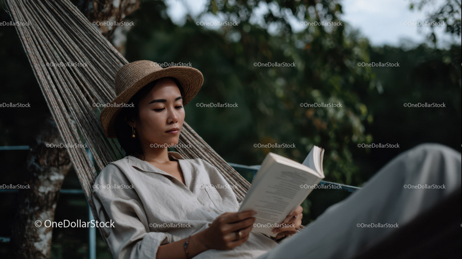 Relaxing Woman Reading Book in Hammock Amid Green Nature