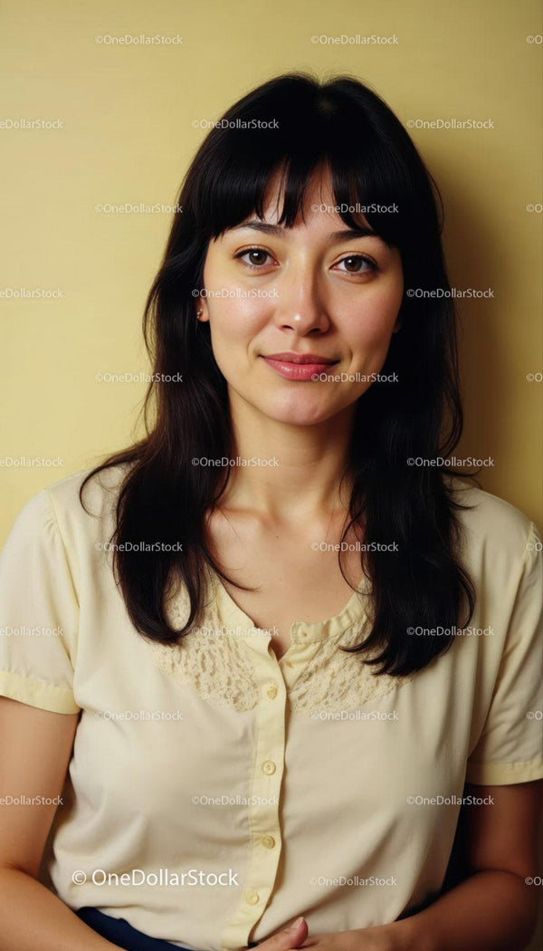 Portret młodej kobiety w beżowej bluzce z naturalnym uśmiechem