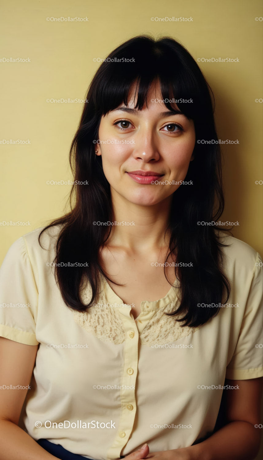Portrait of a Young Woman in Beige Blouse with Natural Smile