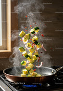 Fresh vegetables sizzling in a hot frying pan