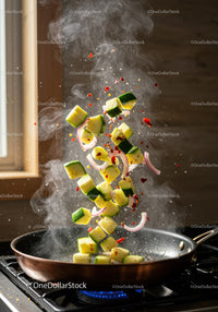 Fresh vegetables sizzling in a hot frying pan
