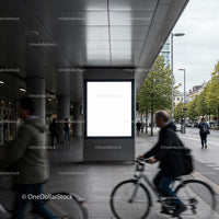 Empty urban billboard with busy pedestrian cyclists
