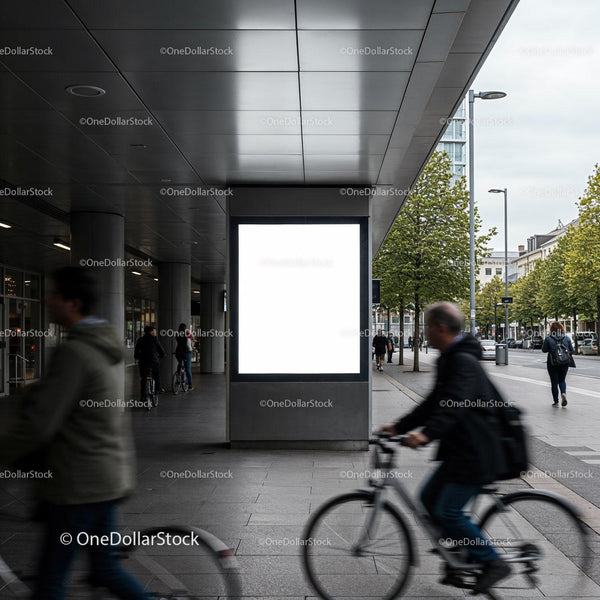 Empty urban billboard with busy pedestrian cyclists JPG Mockup Image