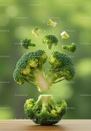 Fresh broccoli florets floating over wooden table