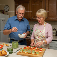 Elderly couple preparing fresh appetizers at home kitchen